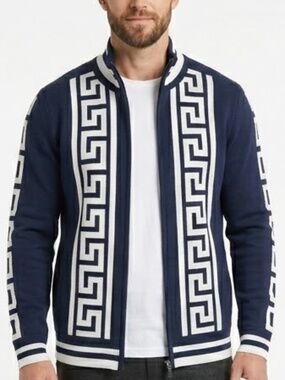 Full Zip Sweater Knit Cotton Blend Navy Men L Prestige Original